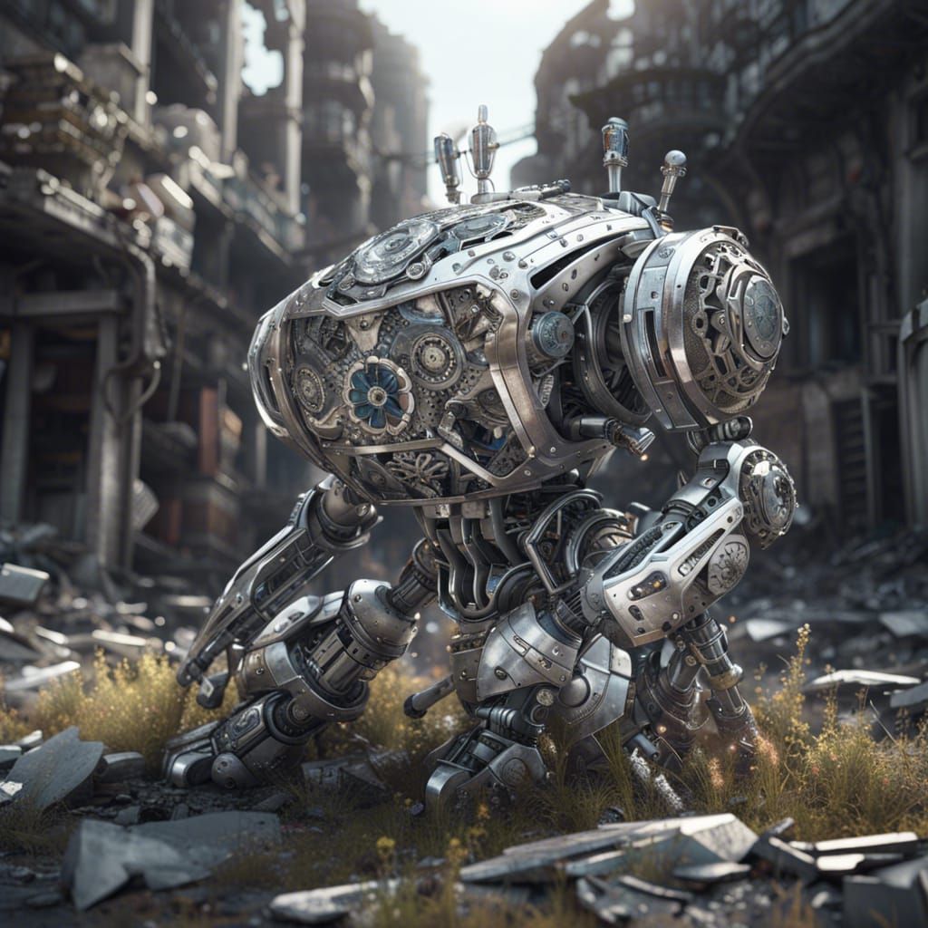 Silver Flower Robot in Abandoned City: Digital Illustration