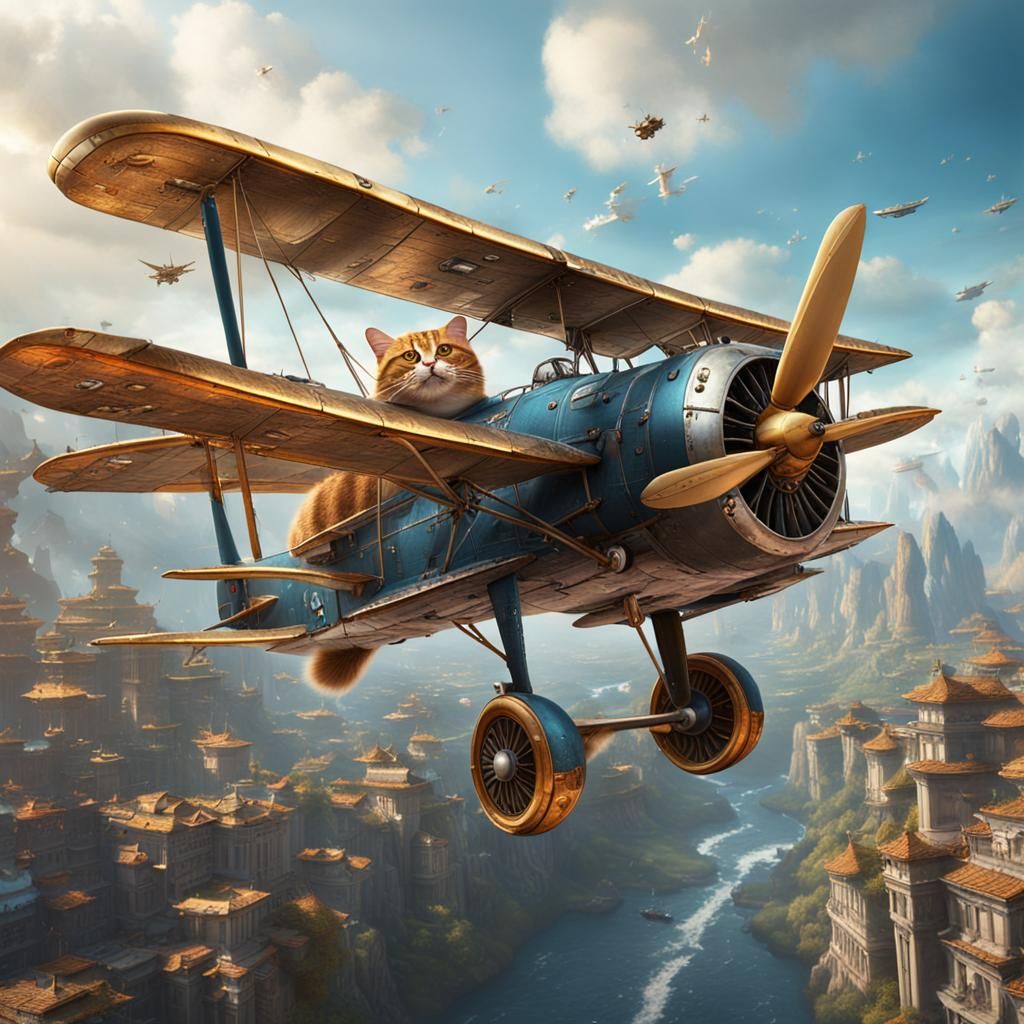 Cat Flies Plane: Detailed Matte Painting in 8K