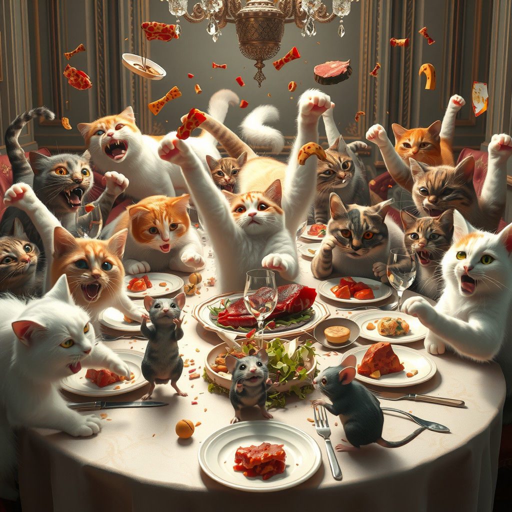Cats' Dinner Table Battle in Hyper-Realistic 3D