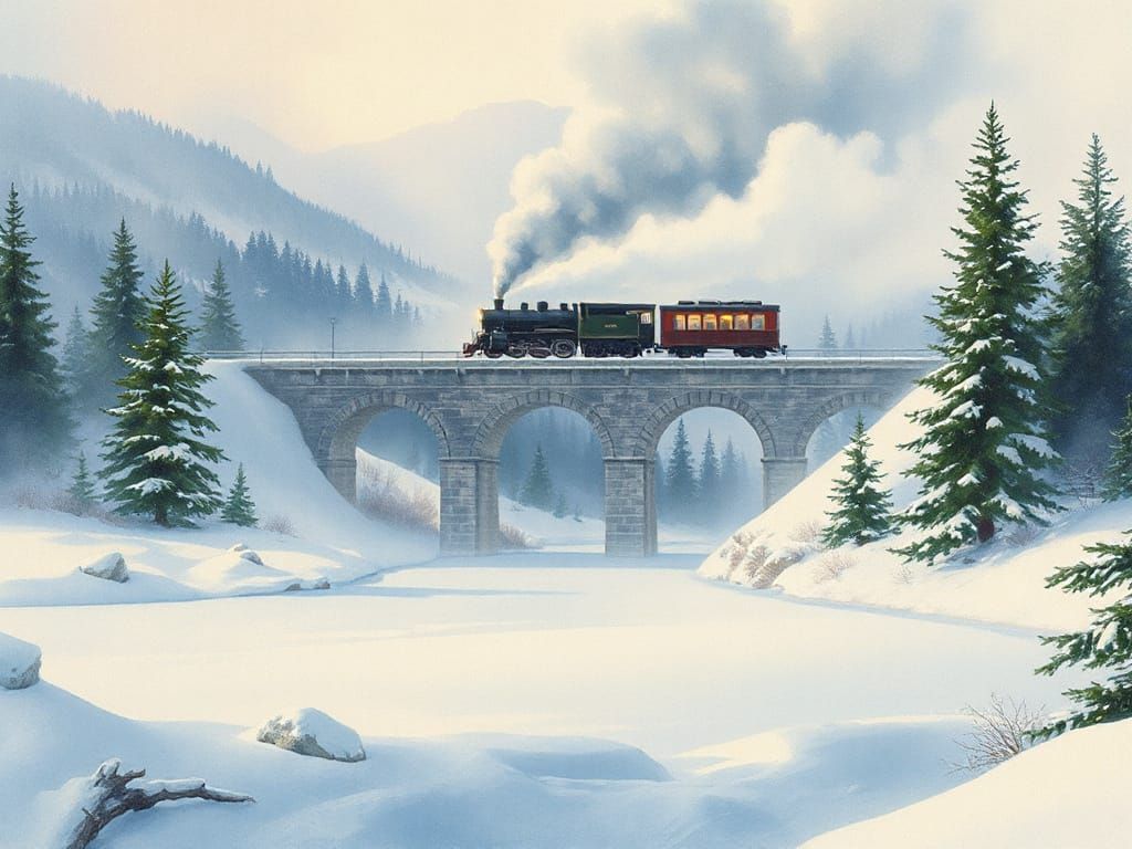 Dreamlike Winter Train Crossing Snowy Viaduct in Watercolor ...