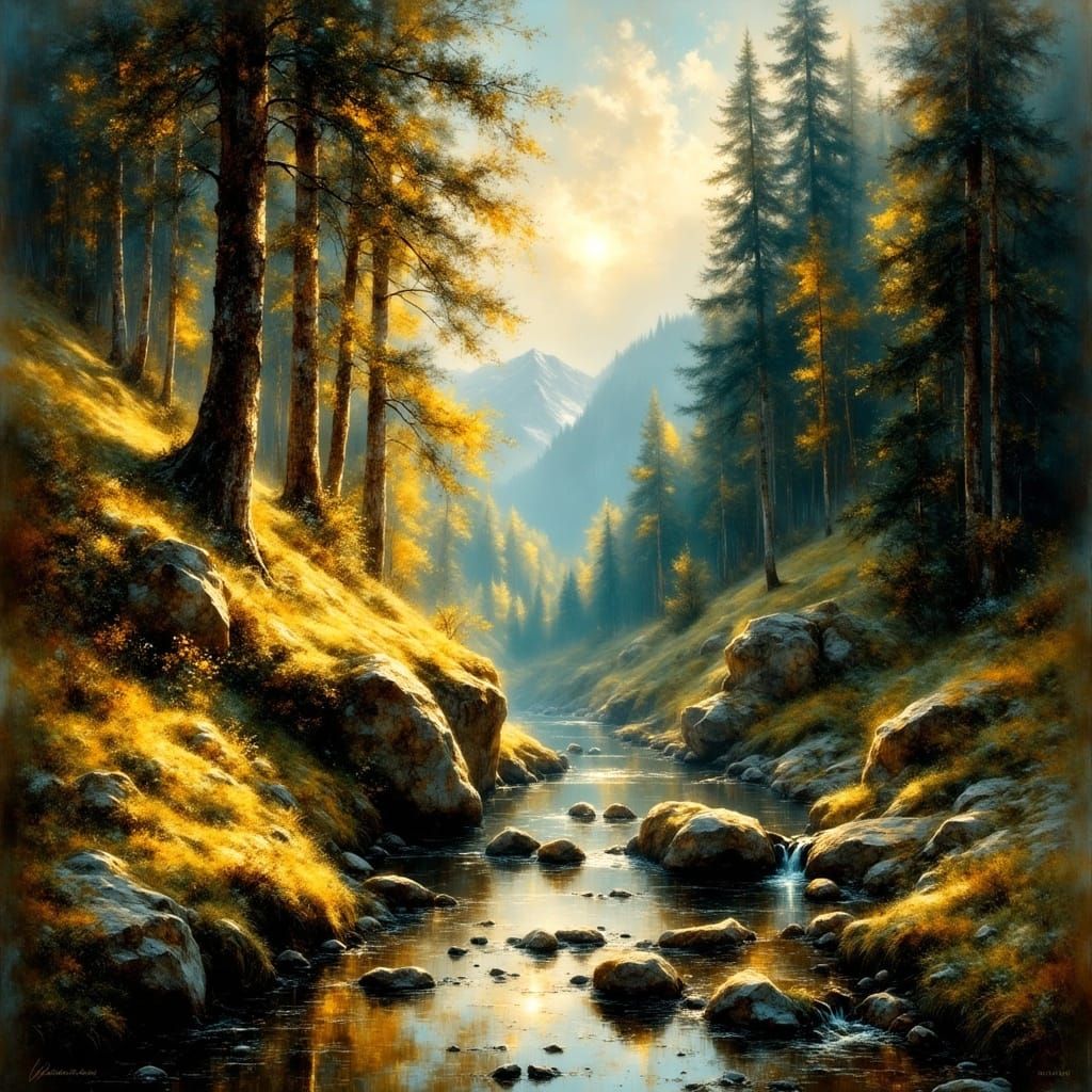 Hudson River School Forest Scene with Majestic Douglas Firs