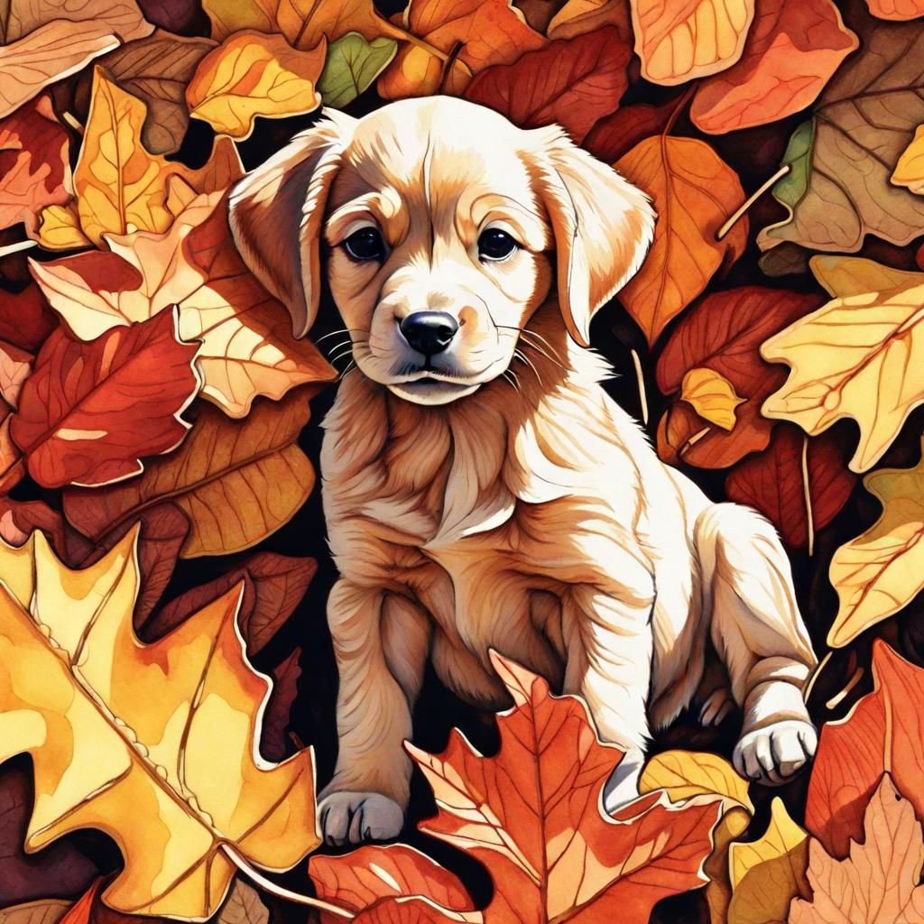 Cute Puppy in Autumn Leaves: Watercolor and Ink