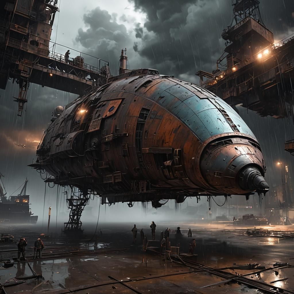""Old industrial port with a  rusted space ship huge red, blue, green and yellow with light spots in a rainy ambiance. D...