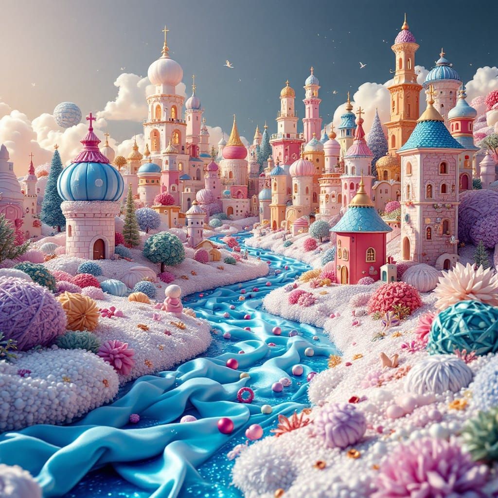 Whimsical City of Shimmering Textures and Luminous Fabric