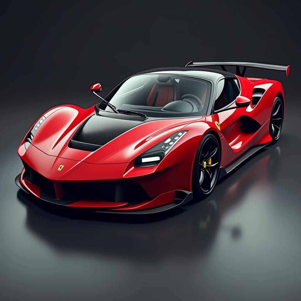 Sleek Aerodynamic Ferrari Supercar in Crimson and Carbon Fib...