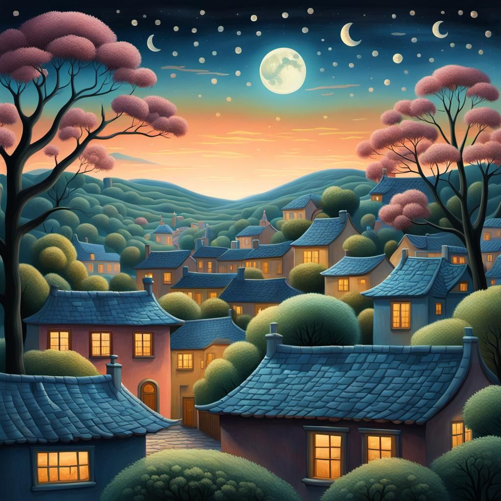Moonlit Fantasy Town in Naive Art Style