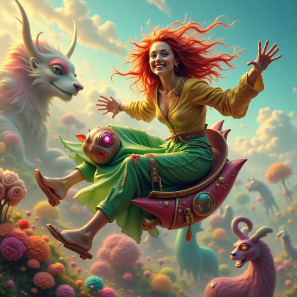 Red-Haired Woman on Whimsical Carnival Ride in 3D