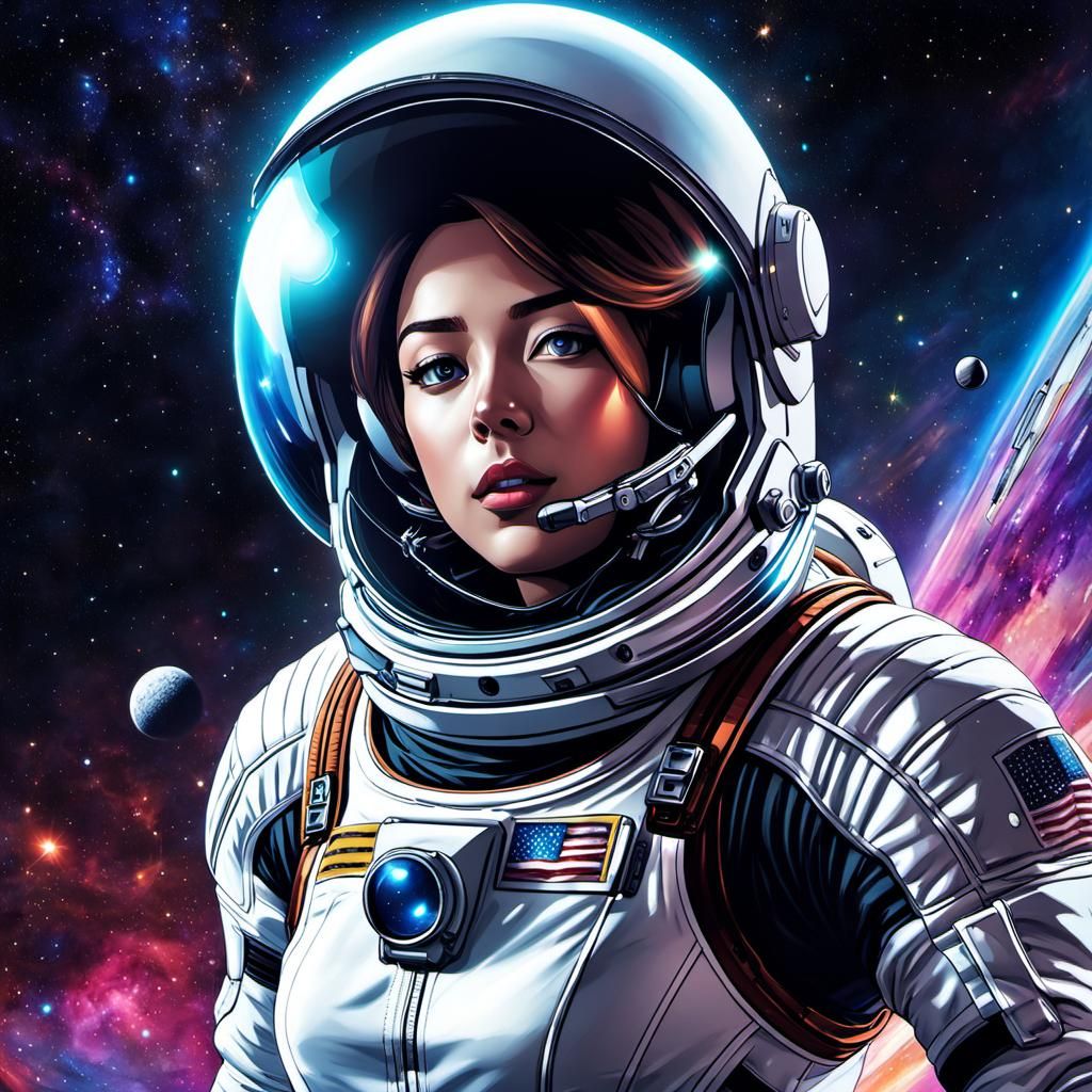Female Astronaut Drifting in Space Comic Illustration
