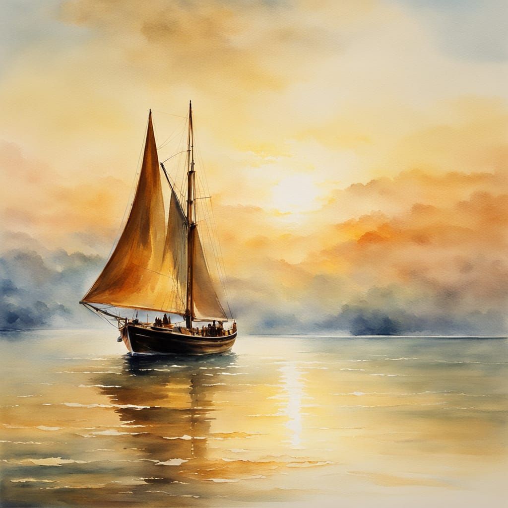 Elegant Wooden Sailboat in Serene Watercolour Painting