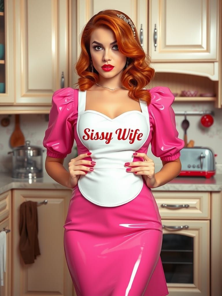 The image features a striking sissy standing confidently in ...