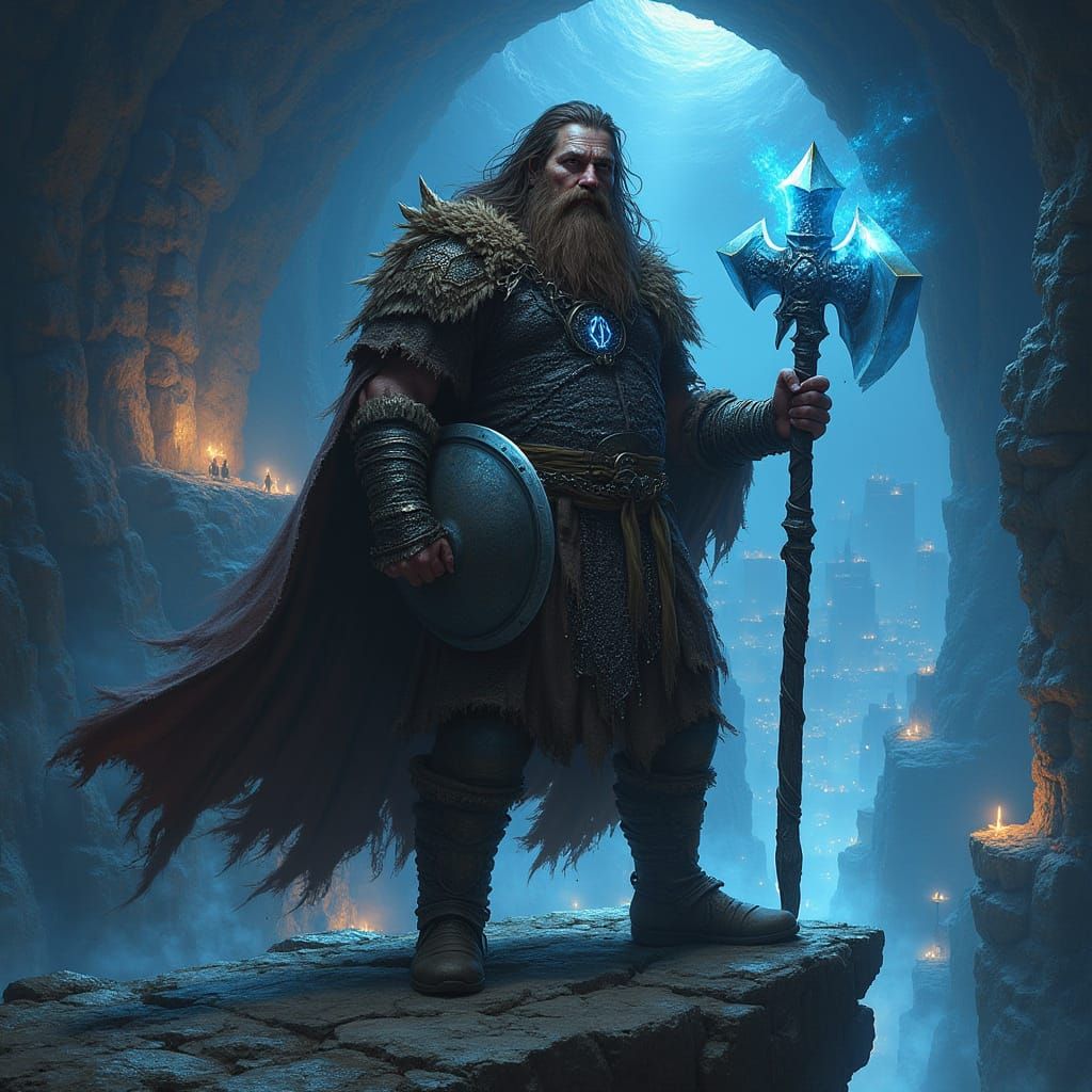 Dwarven Warrior Stands on Precipice Overlooking Glowing Unde...