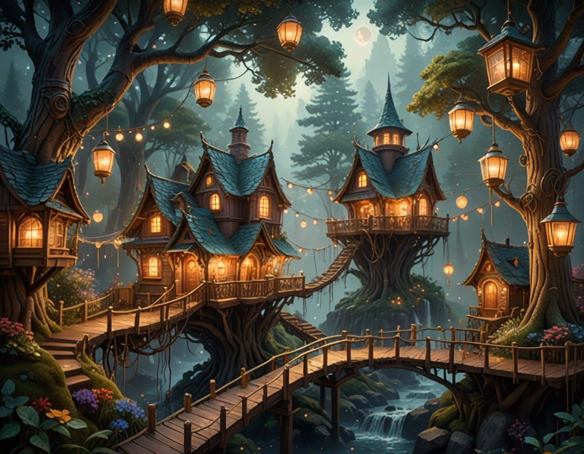 Dreamlike Treehouse Village in a Misty Forest