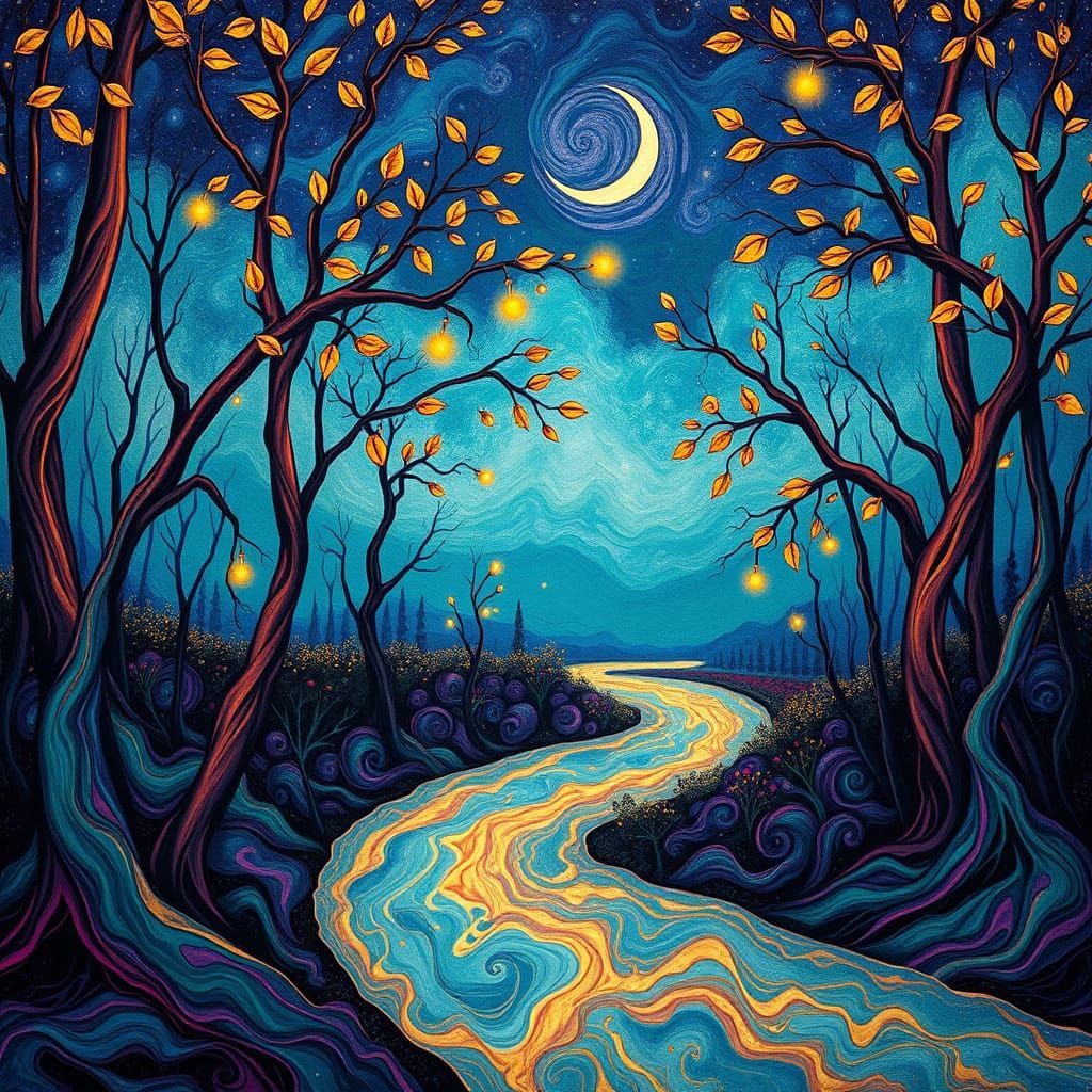 Ethereal Ebru-Inspired Twilight Forest