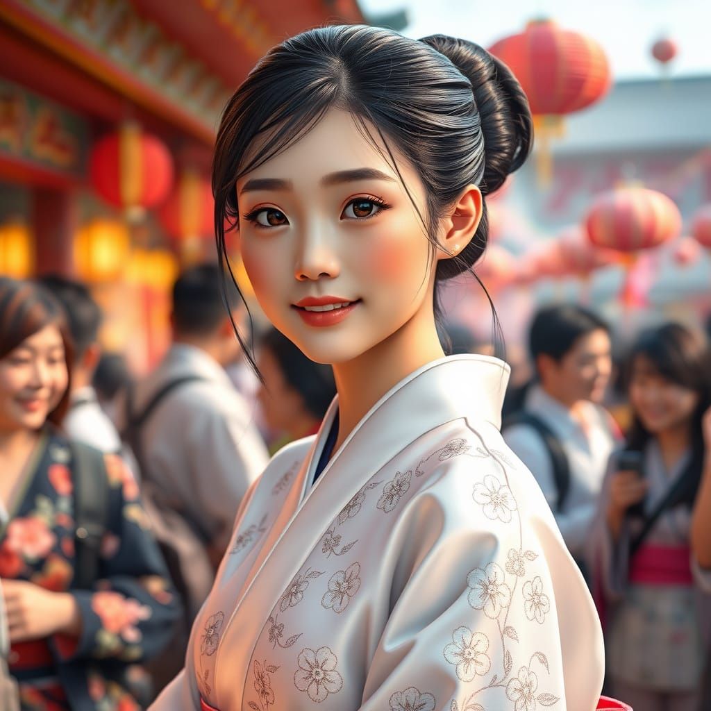 Stunning Korean Teen in Elegant Kimono amidst Vibrant Festiv...