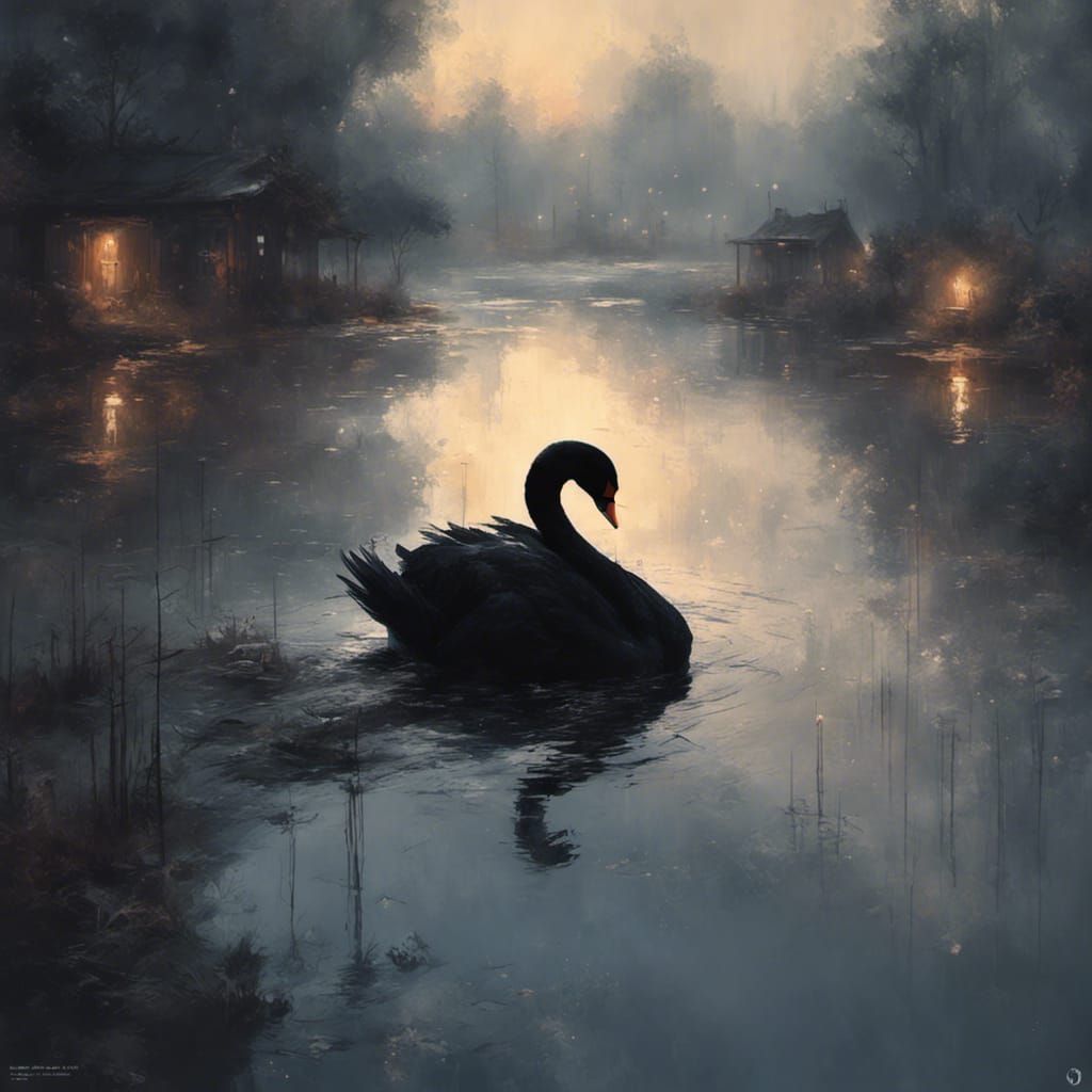 Black Swan Born on Misty Pond: Photorealistic Art