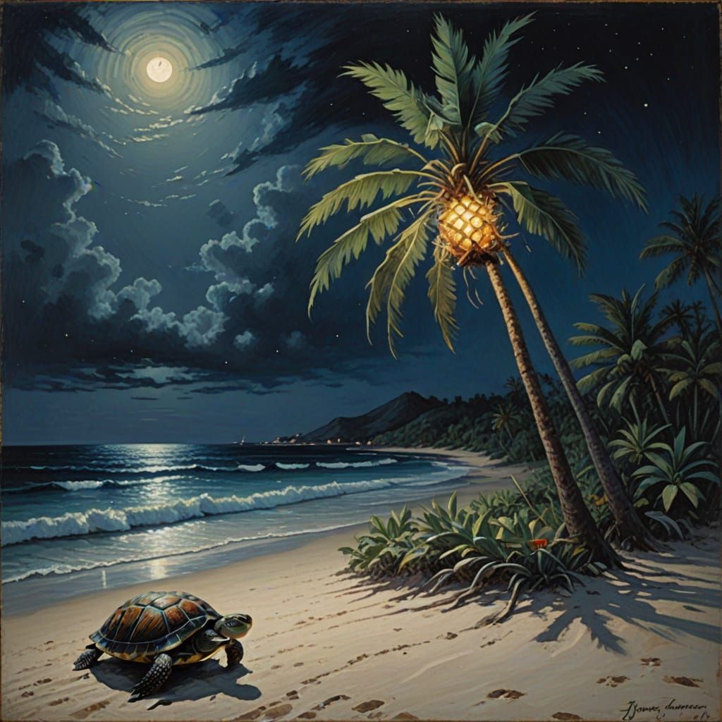 One singular palm tree on sandy beach with pineapple lights in branches. Background dark blue waves crashing on shore wi...