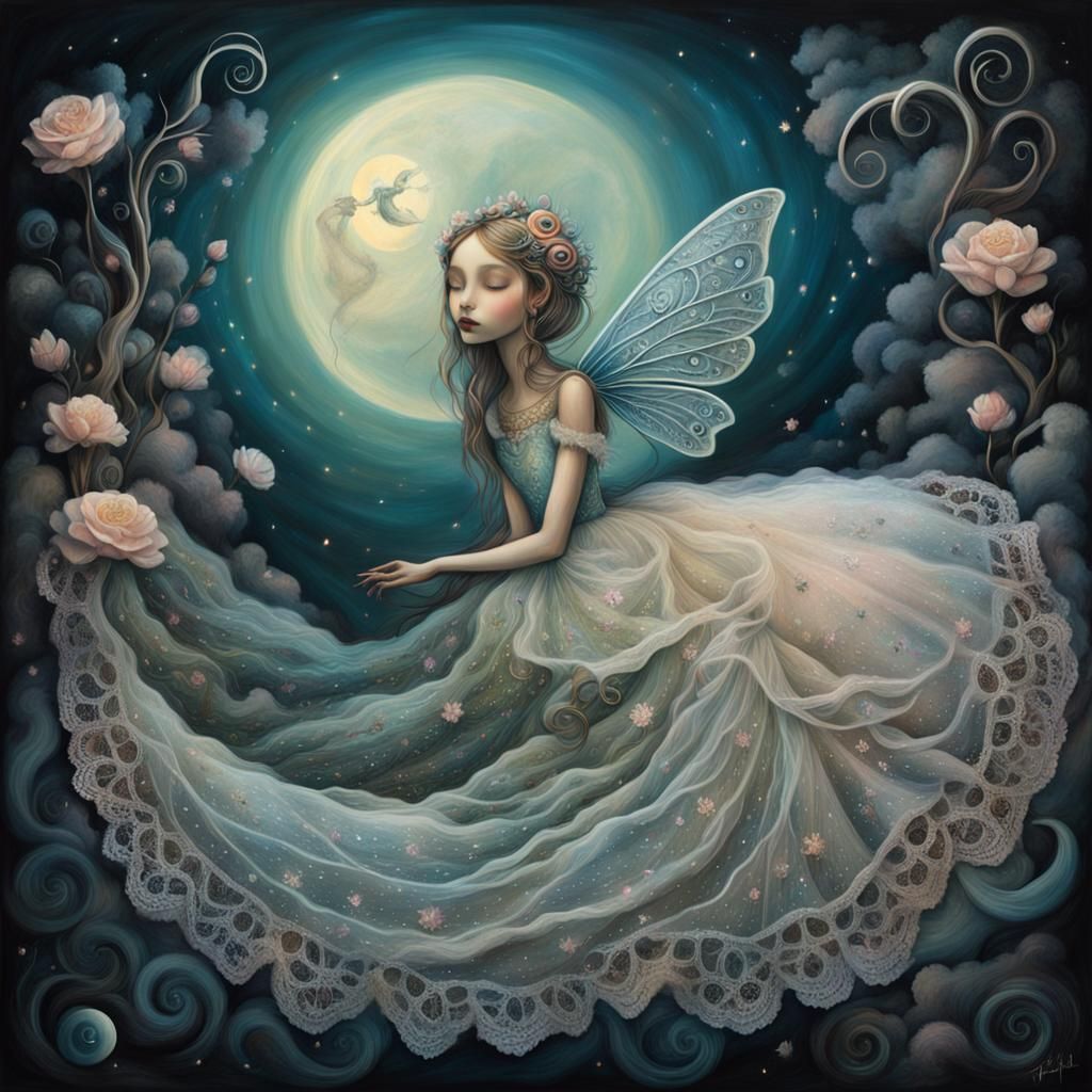 Fairy Sleeping on Moon in Pop Surrealism Style