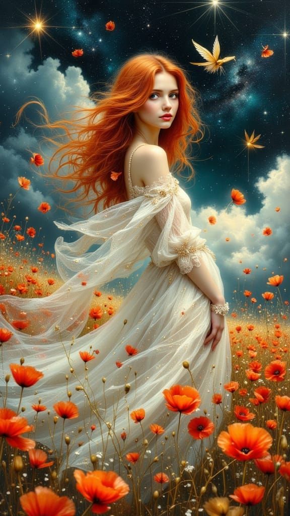 Red Haired Woman in Poppy Field Under Stormy Sky