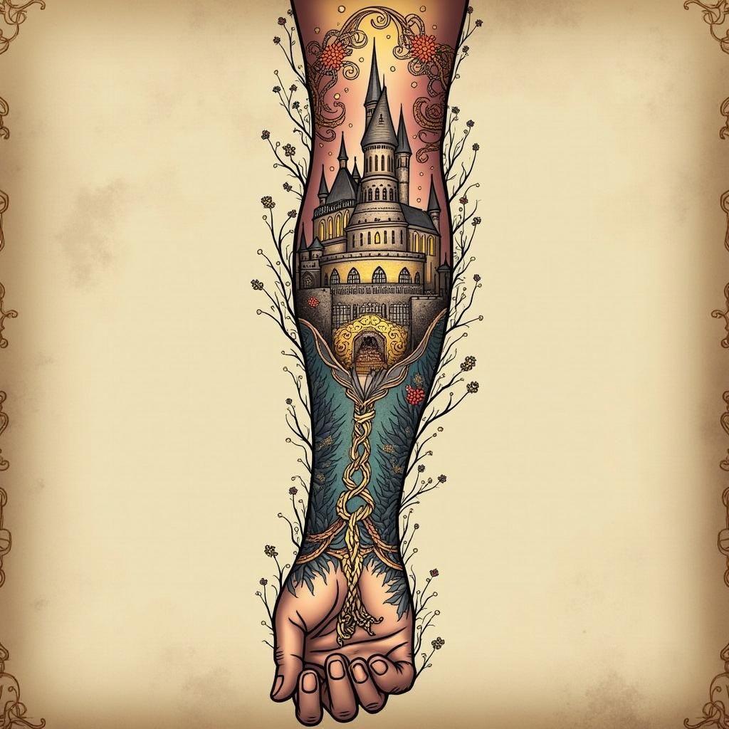 Hogwarts and Middle Earth Tattoo in Stained-Glass Style