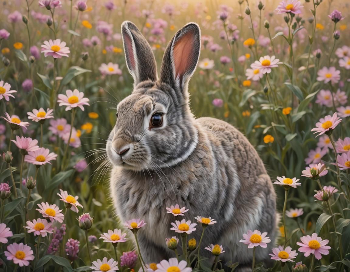Cute Bunny in Flower Field as Dutch Golden Age Oil Painting