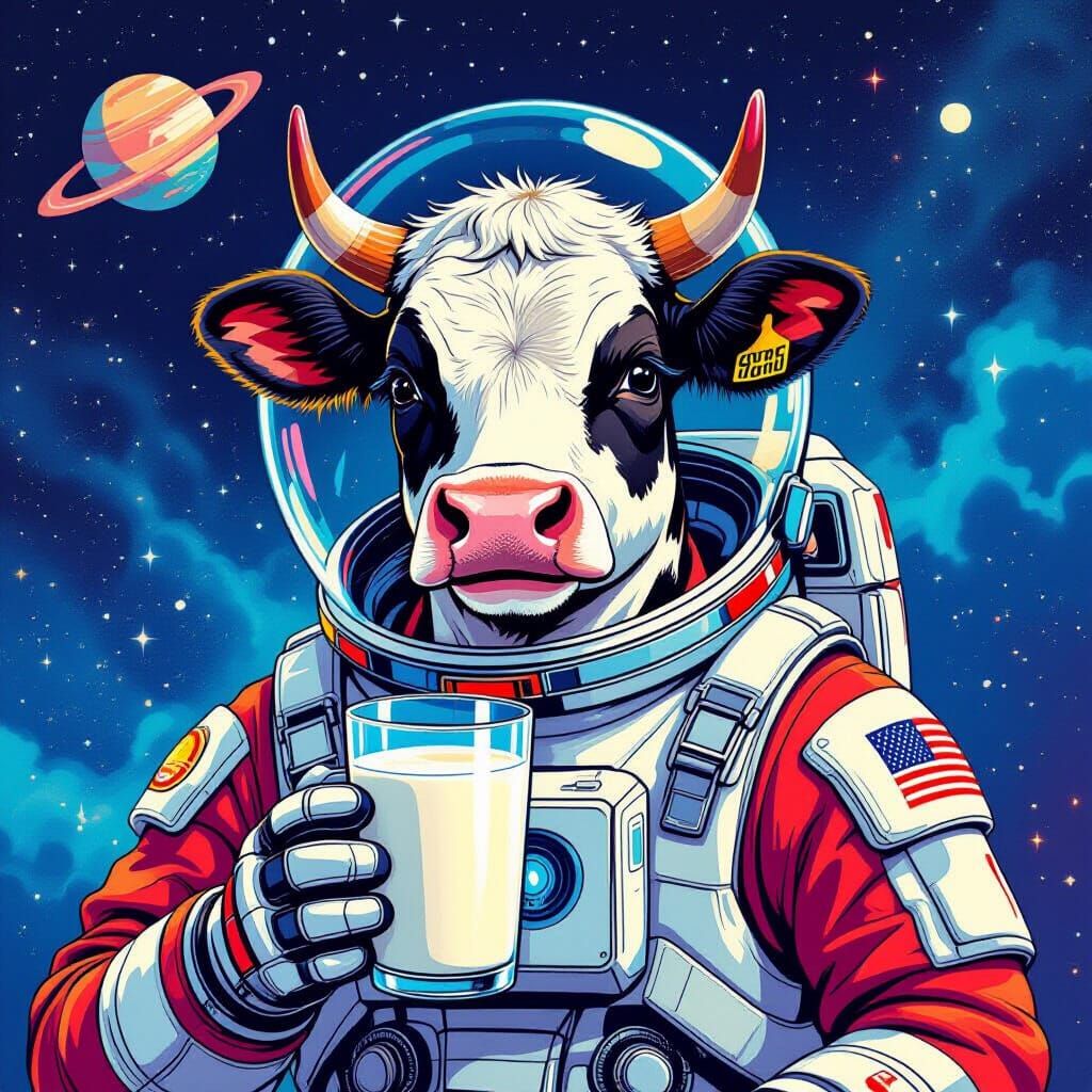 Happy Cow Astronaut Sipping Milk in Space