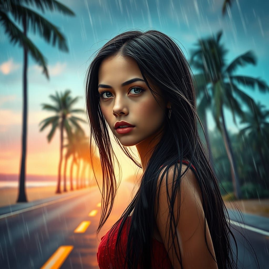 Mysterious Woman Walks Palm Tree Road Under Rainy Tropical S...