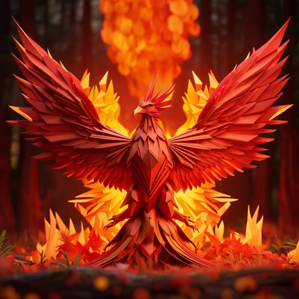 Fiery Origami Phoenix Rising in a Burnt Forest