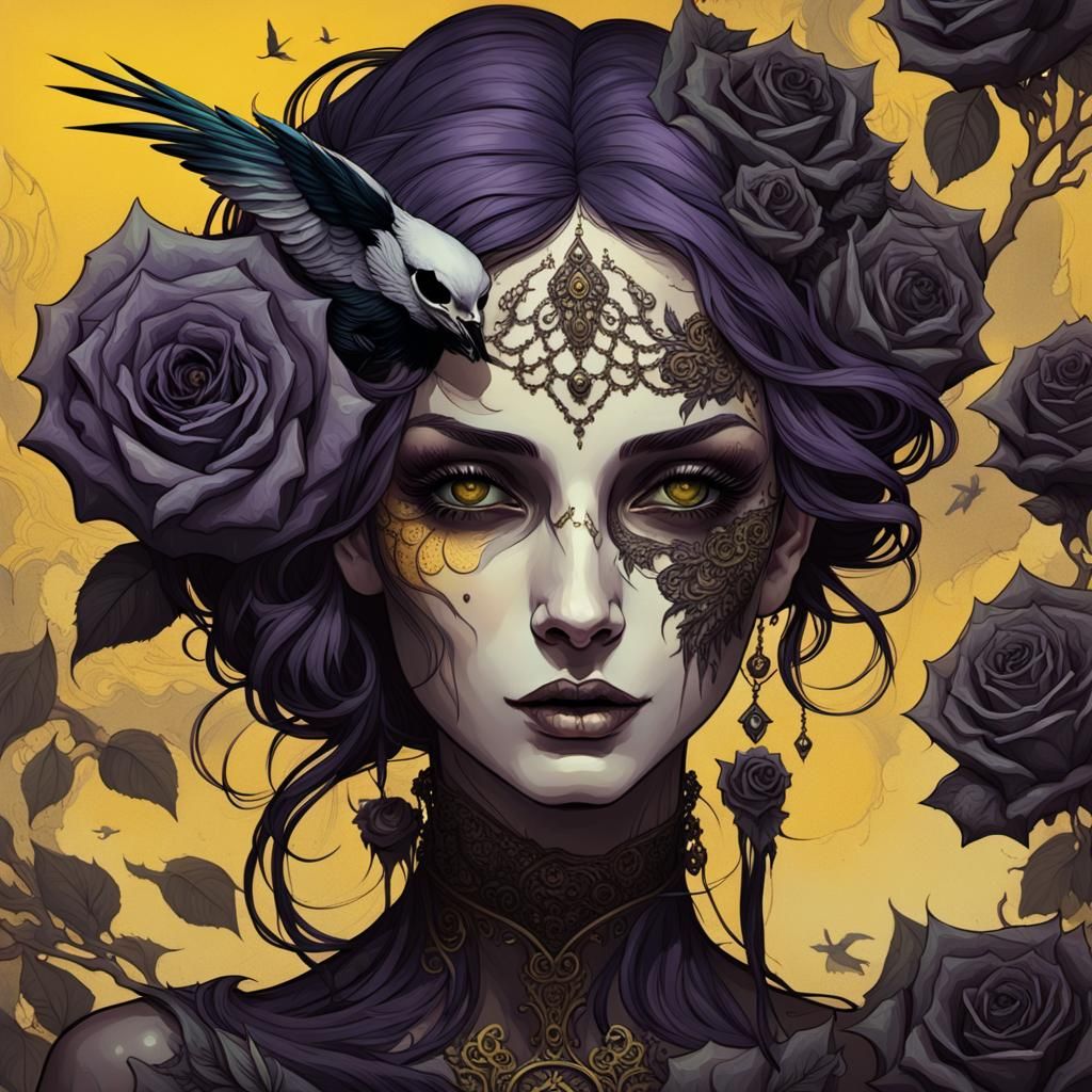 Dark Fantasy Woman with Roses and Skull