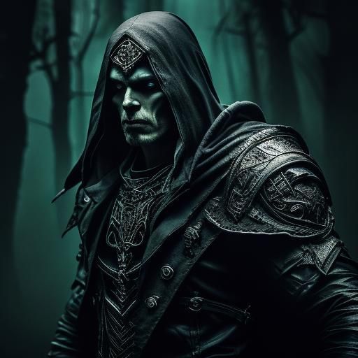 Dark Fantasy Horseman in Mystical Forest