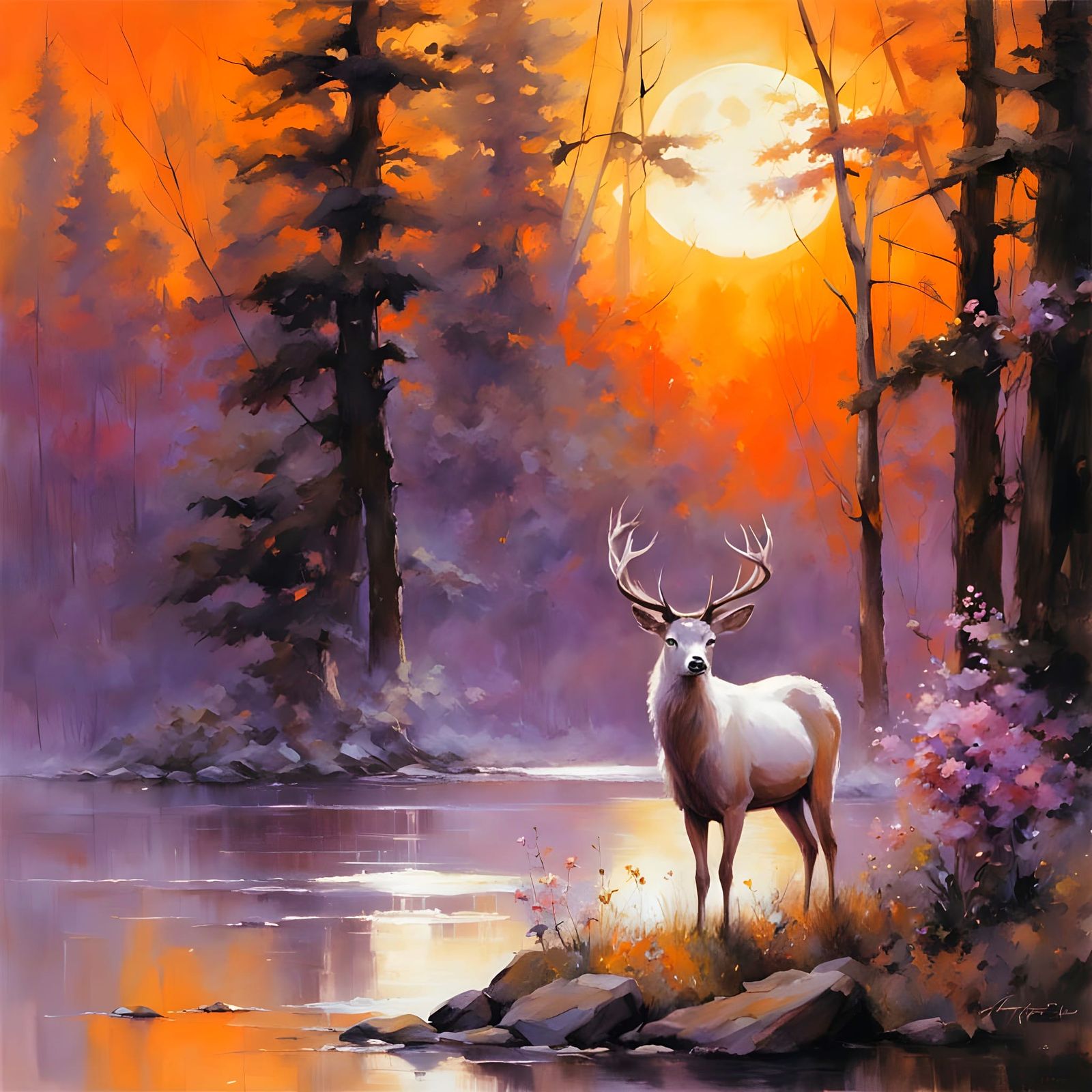Majestic White Stag in Painterly Twilight Landscape