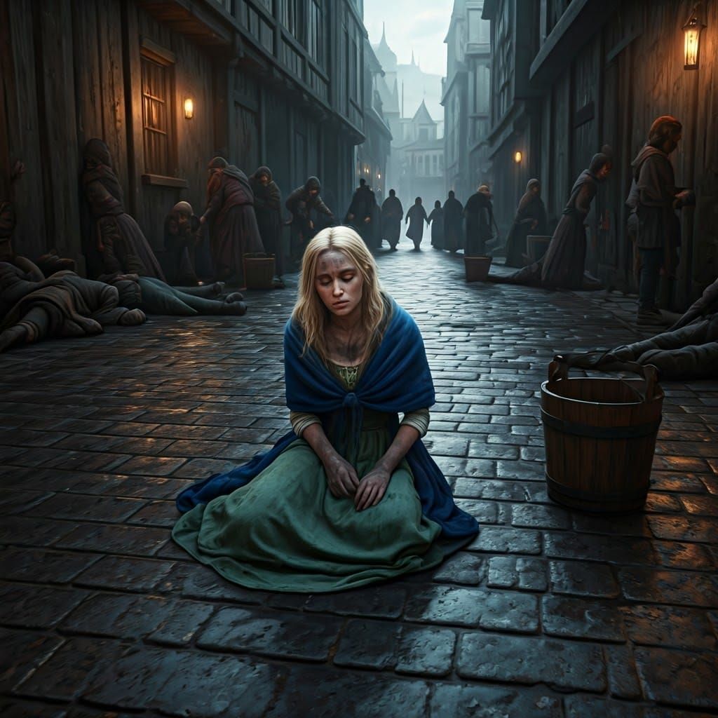 Exhausted Woman Collapses on Medieval Streets in Soot and As...