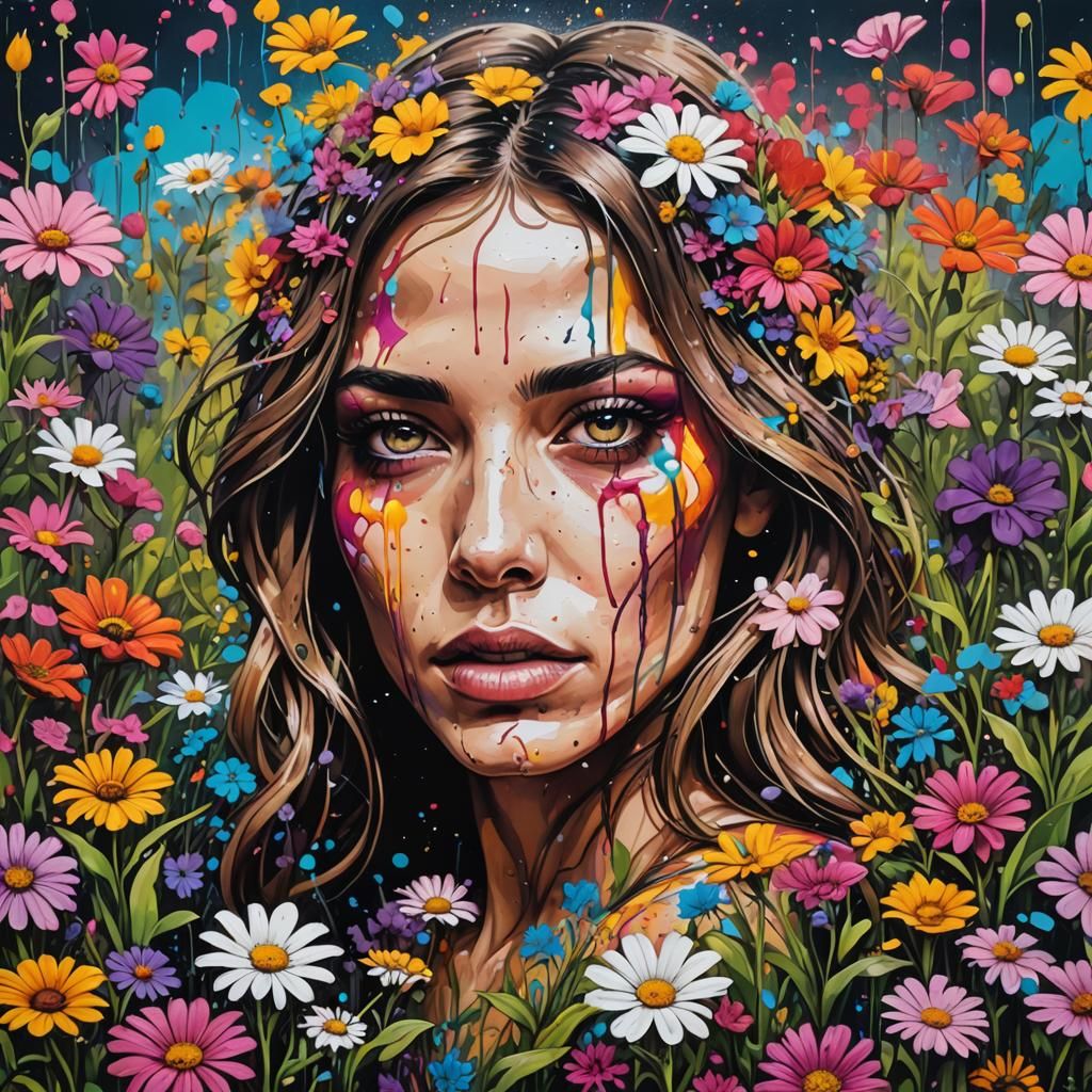 Colorful Graffiti Art of Woman in Flower Field