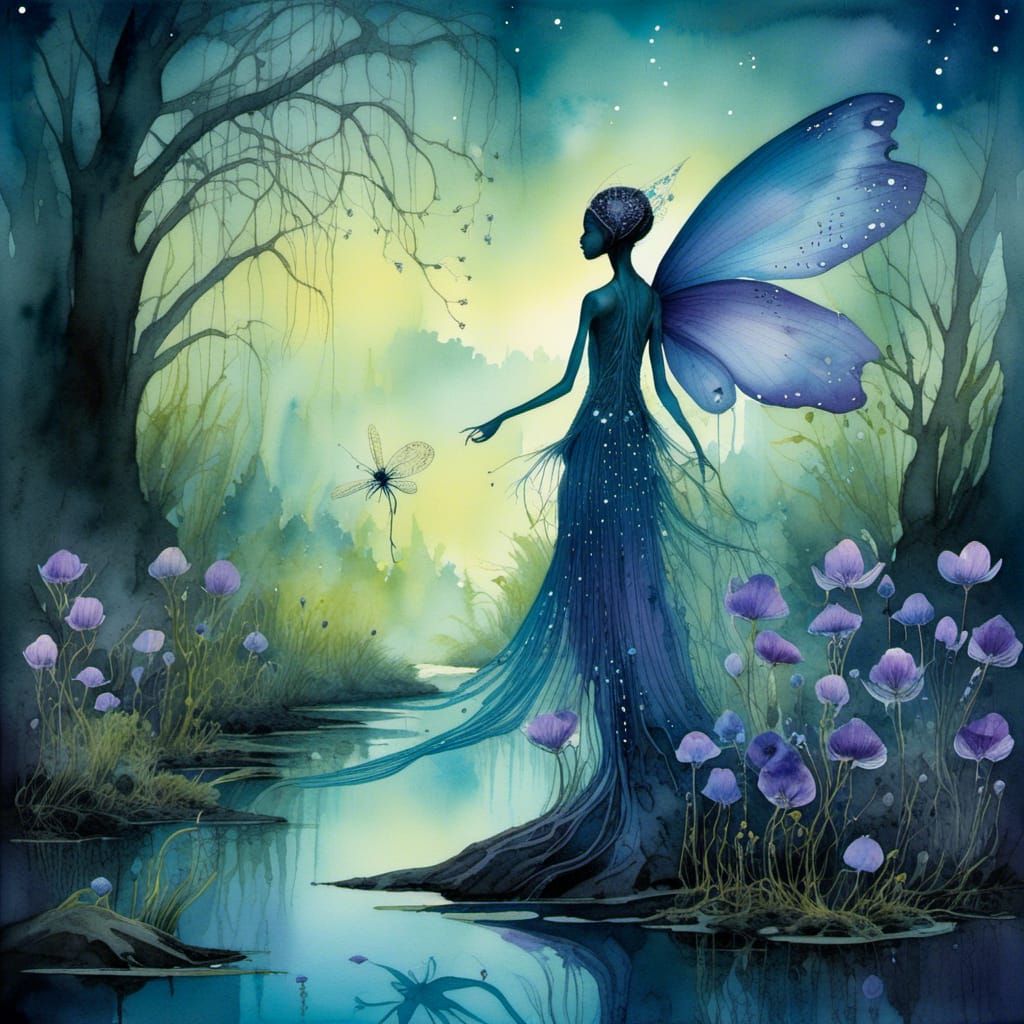 Bioluminescent Fairies Dance in Twilight Marsh