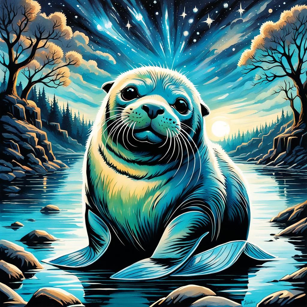 Bioluminescent Seal in High Gothic Watercolor