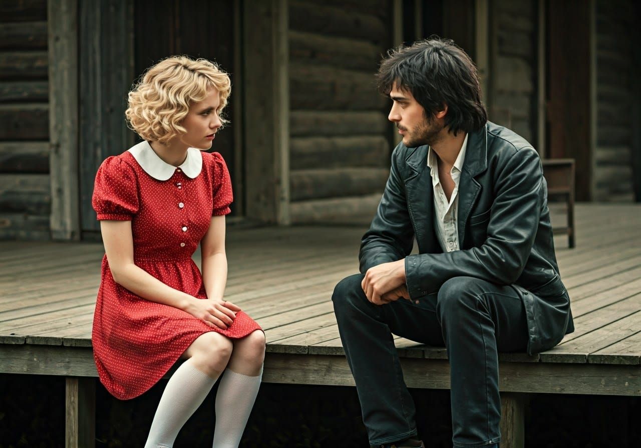 1970s Cinematic Scene with Vintage Woman and Young Man