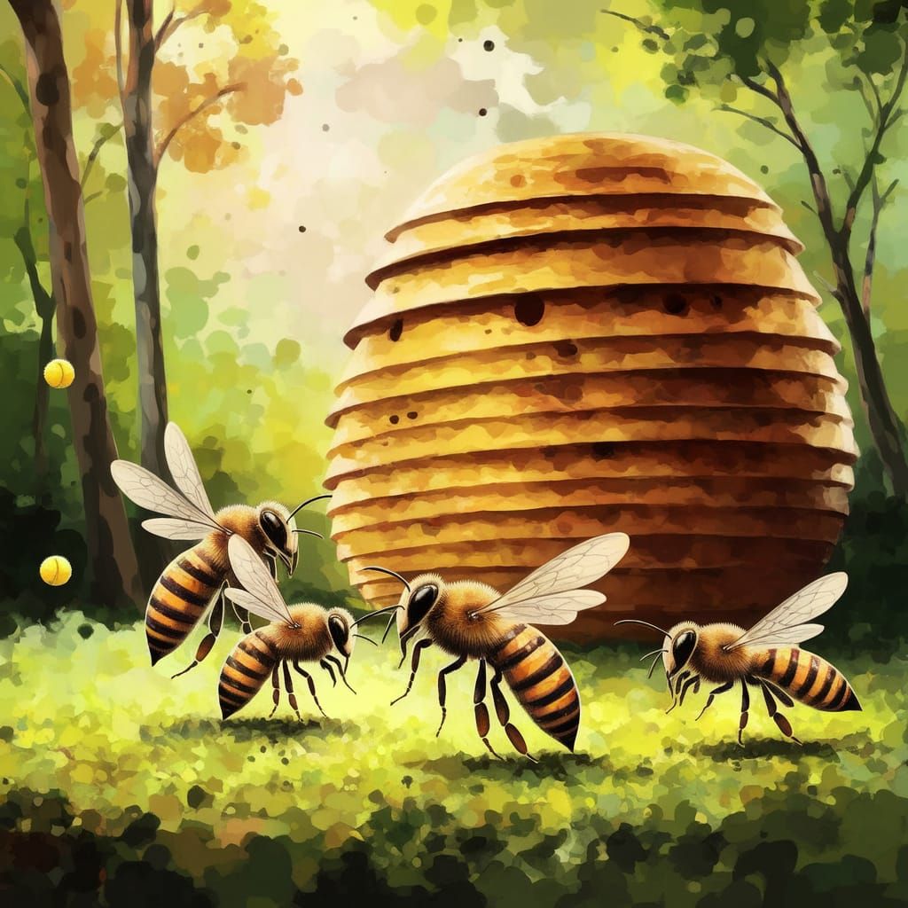 Vibrant Honeybees Play Tennis in a Sunlit Forest, Alcohol In...