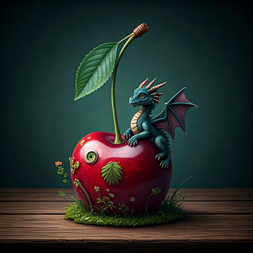 Whimsical Giant Cherry with Miniature Dragon