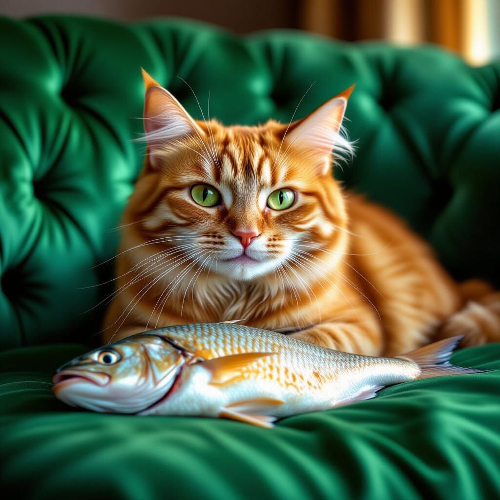 Ginger Cat Enjoys Fish on Emerald Silk Sofa