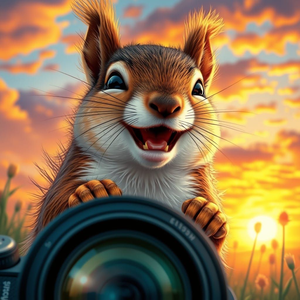Laughing Squirrel Photobomb at Sunset, Whimsical Style