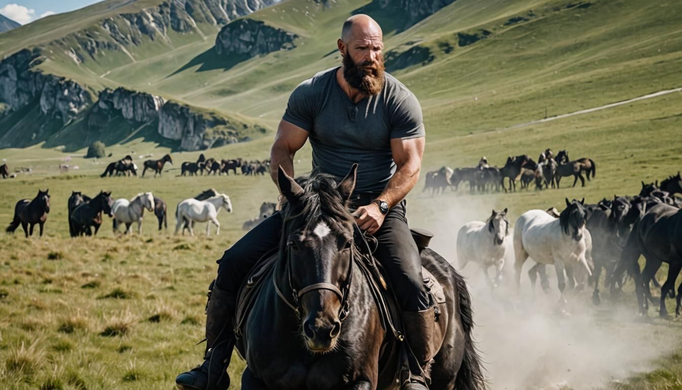 Bavarian Man Rides Wild Black Horse in Landscape