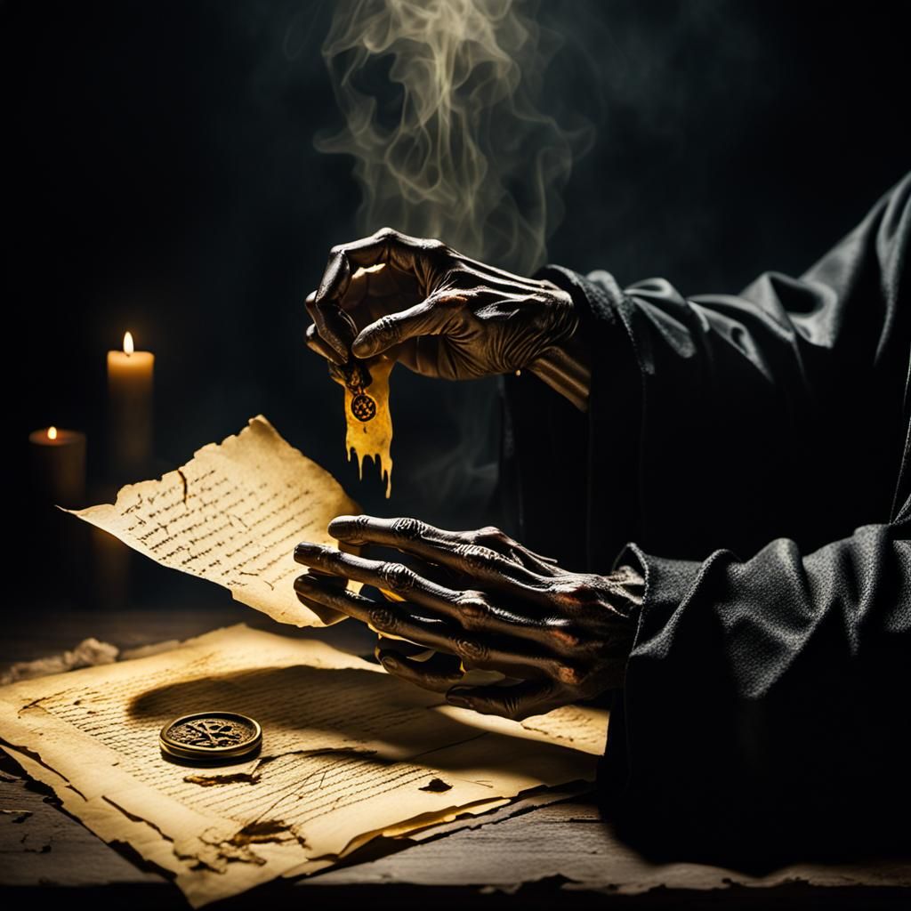 Skeletal Hand Opens Ancient Letter in Dark Fantasy Style