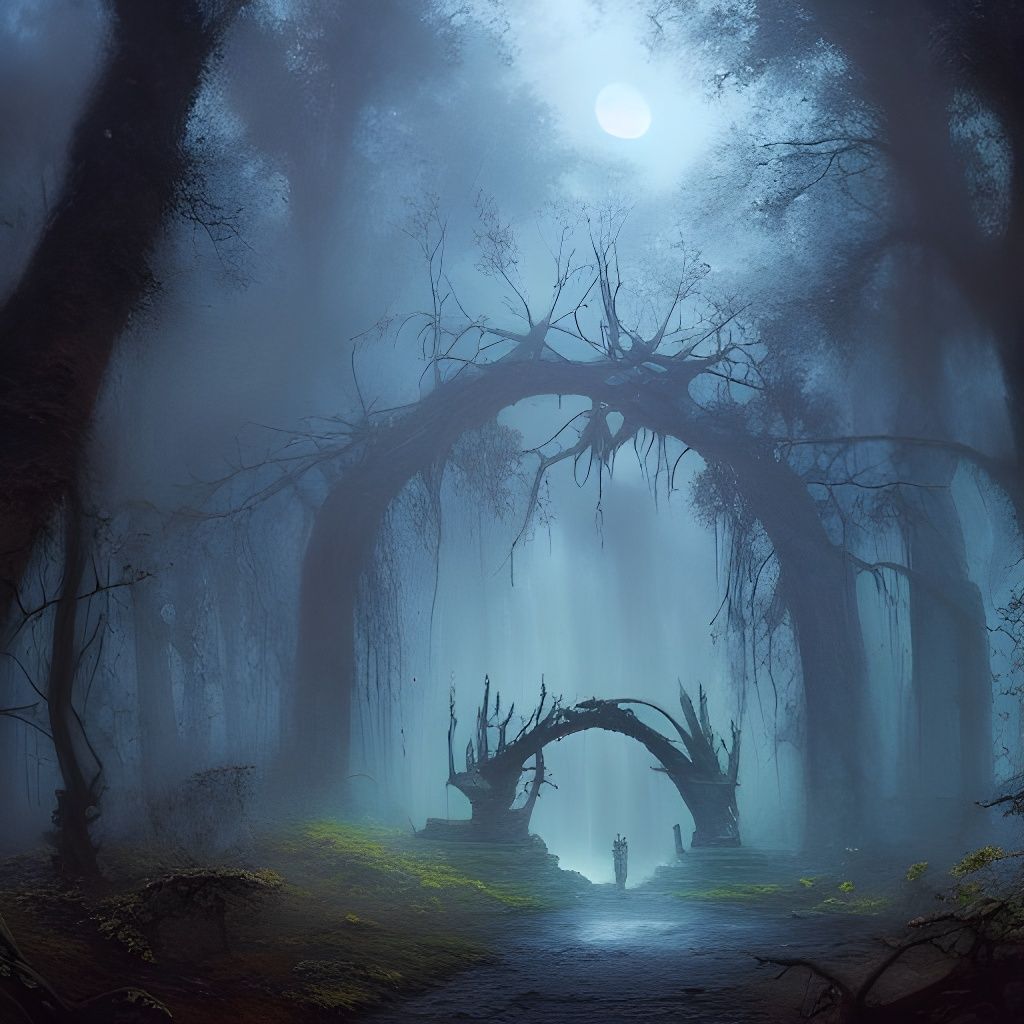 Ominous Archway Ruins in Dark Forest Oil Painting
