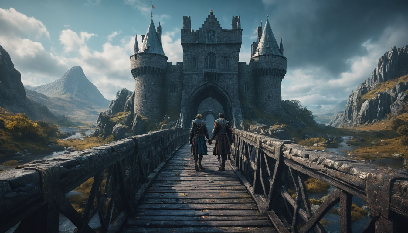 Medieval Scottish Lovers in Fantastical Bridge Crossing