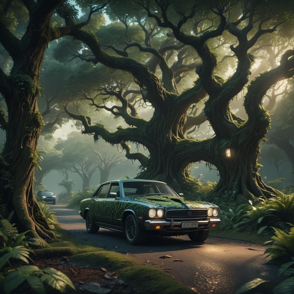 Car Speeds Through Bioluminescent Forest: Matte Painting