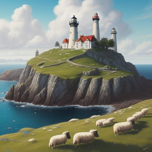 Lighthouse on Rocky Hill: Vibrant Oil Painting