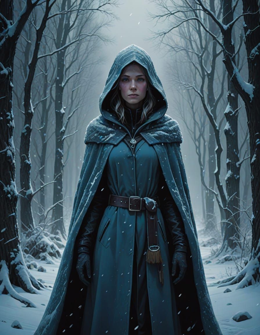 Enigmatic Snow Witch in a Frozen, Misty Forest