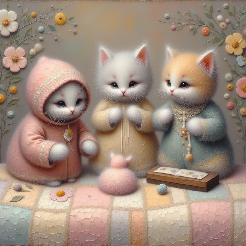 Fluffy Kittens Adorably Sewing a Quilt