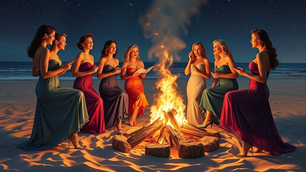 Retro Pin-Up Girls Around Bonfire on Beach