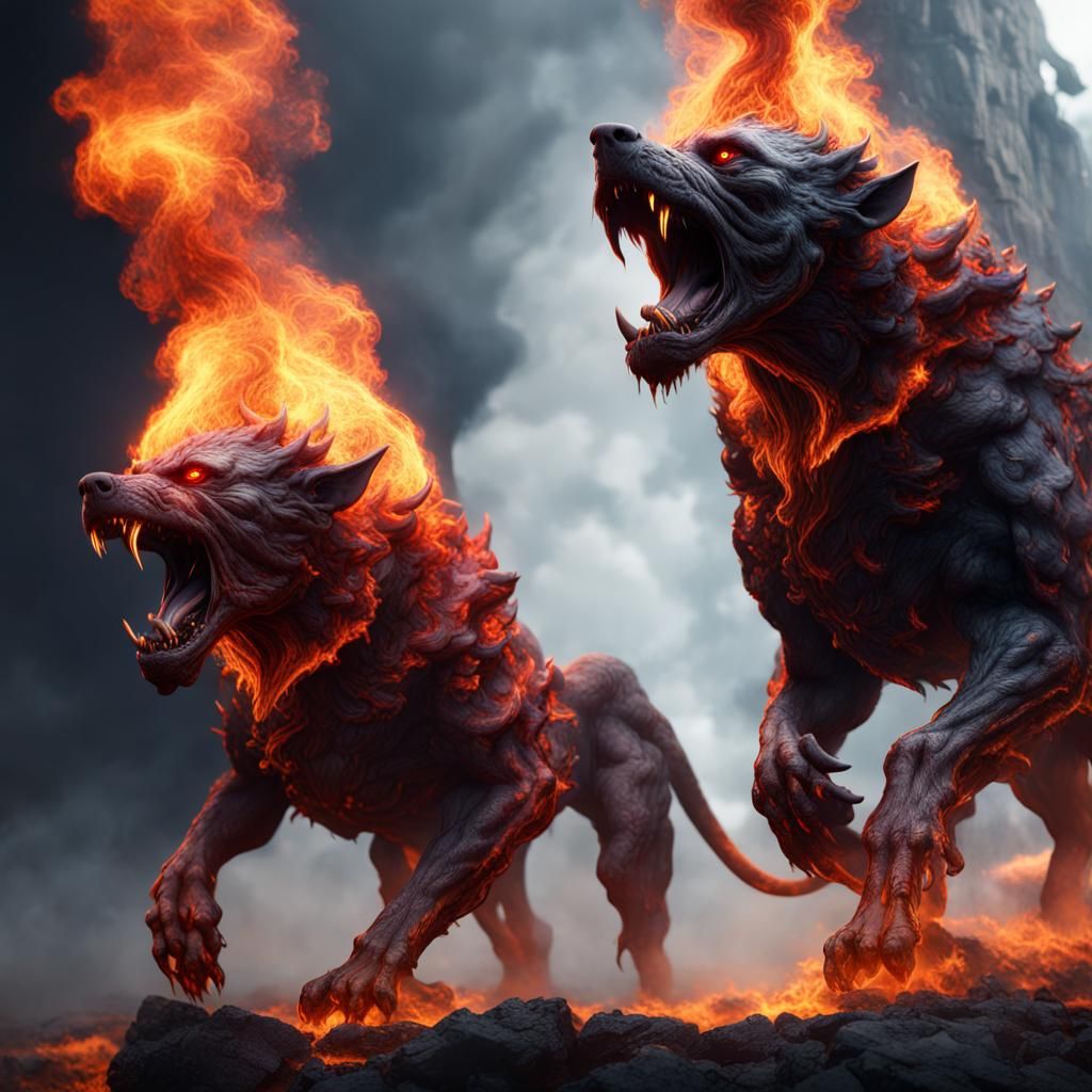 Cerberus in Fire and Smoke: Fantasy Concept Art