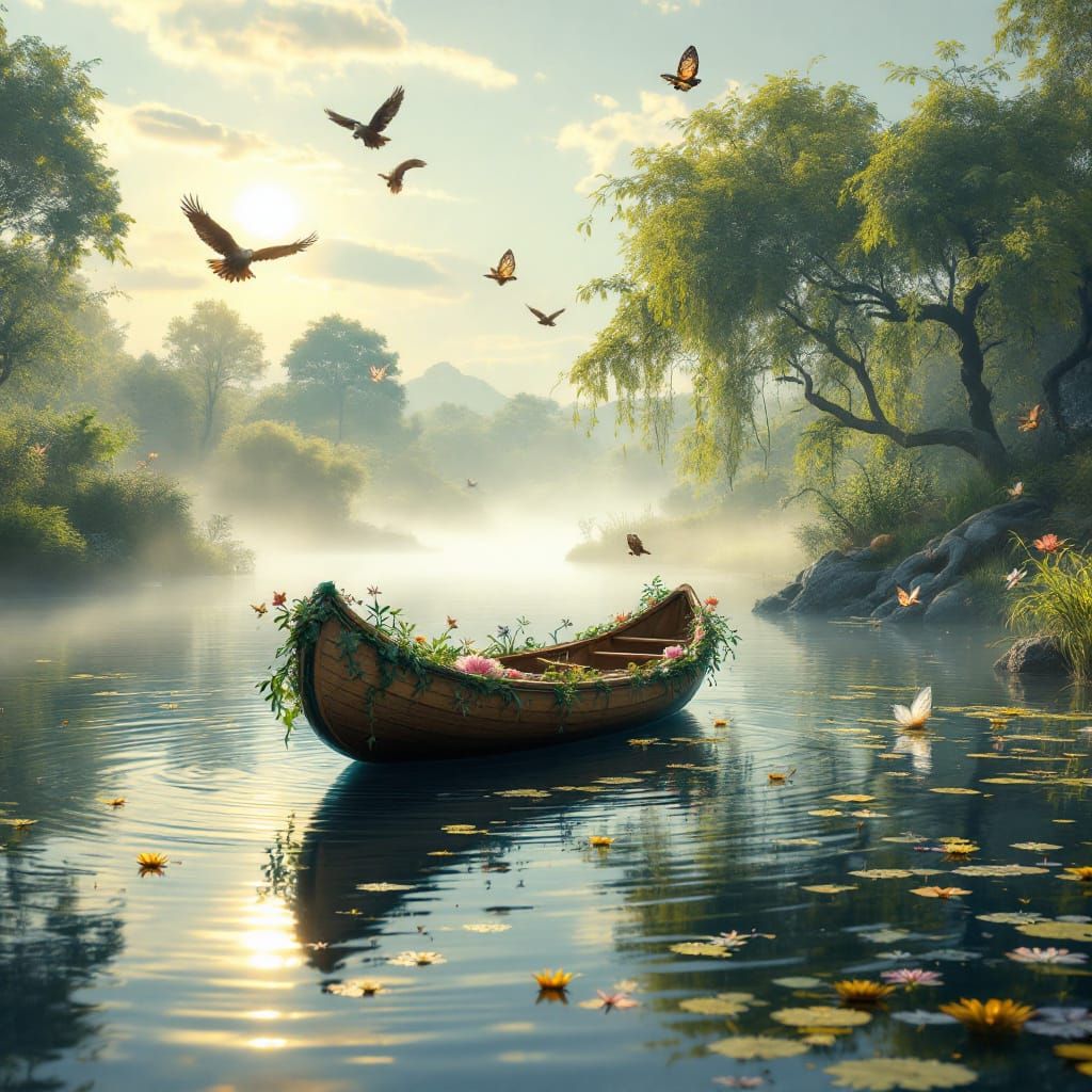 Pond Scene with Canoe, Eagles and Owl: Detailed Matte Painti...